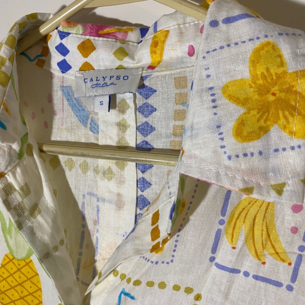 Calypso St. Barth Linen Rayon Tropical Print Shirt Small Button Down Top Bananas - Picture 3 of 8